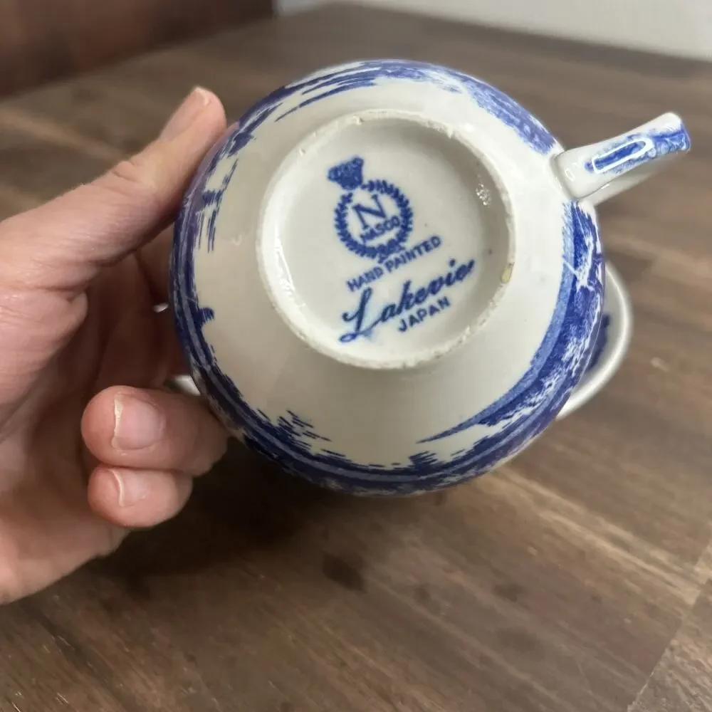 VTG Tea Cup and Saucer Hand Painted Lakeview Blue & White Japan By Nasco Crazing - Picture 3 of 12